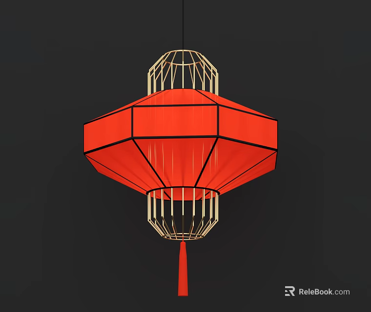 Traditional Red Chandelier with Golden Frame and Polygonal Shape Tassel Design 3d model 
