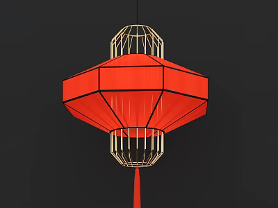 Traditional Red Chandelier with Golden Frame and Polygonal Shape Tassel Design 3d model