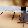 Modern Office Desk With Marble Top Blue Chair Laptop And Drawer Cabinet