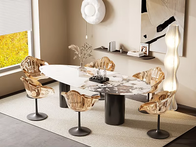 Modern Dining Table Set With Marble Top And Gold Metal Legs Chairs On Rug 3d model