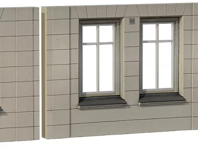 Two White Framed Casement Windows With Grid Design On Gray Exterior Wall 3d model