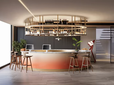Modern Restaurant Bar Interior Featuring Circular Counter Hanging Wine Rack Wooden Stools And Green Plants 3d model