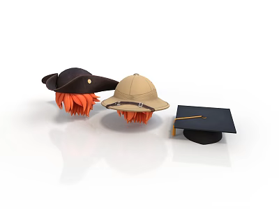 Different Types of Hats Including Wide Brim Explorer and Graduation Cap with Orange Hair 3d model