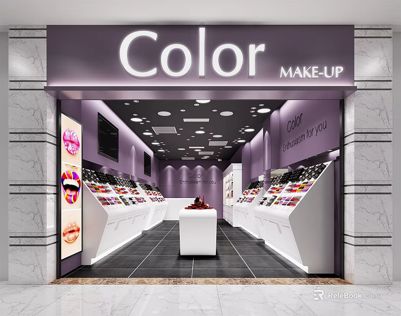 Modern Bright Color Makeup Store Interior With Stylish Display Counters And Cosmetics Products 3d model 