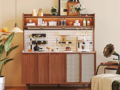 Stylish Wooden Sideboard Cabinet With Shelves Perforated Board Mesh Doors And Decorative Items 3d model