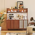 Stylish Wooden Sideboard Cabinet With Shelves Perforated Board Mesh Doors And Decorative Items
