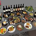 Delicious Assorted Food Dishes with Red Wine Bottles Fresh Fruits and Floral Decor