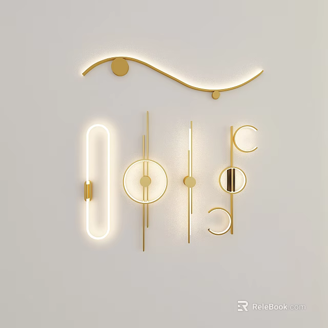 Various Modern Wall Lamps with Geometric Shapes Curved Lines and Illuminated Gold Frames 3d model 