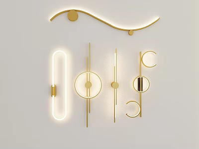 Various Modern Wall Lamps with Geometric Shapes Curved Lines and Illuminated Gold Frames 3d model