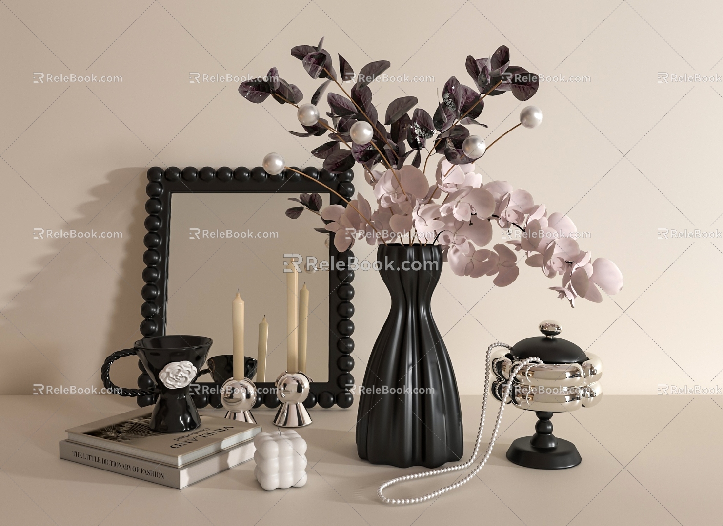 Vase Mirror Tea Cup Candlestick Ornaments Combination 3d model