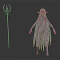 Fantasy Elven Female Character with Green Hair Elf Ears Blue Dress and Blue Accent Staff