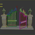 Elegant Black Iron Gates with Gold Accents and White Stone Pillars Topped with Black Lanterns
