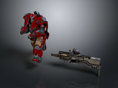Detailed Futuristic Red Mech Game Character Running In Action Pose With Large Firearm 3d model