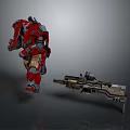 Detailed Futuristic Red Mech Game Character Running In Action Pose With Large Firearm