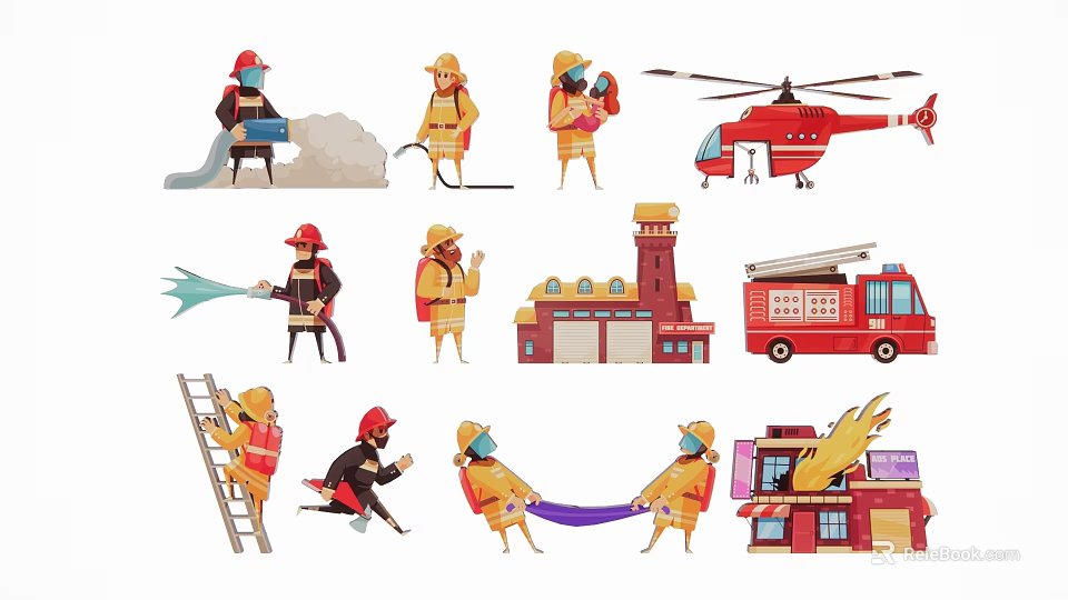 Firefighter Silhouettes With Fire Truck Helicopter And Fire Station Elements 3d model 