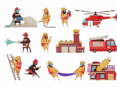 Firefighter Silhouettes With Fire Truck Helicopter And Fire Station Elements 3d model