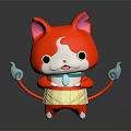Red and White Cat with Yellow Apron Raised Hands Smiling Cartoon on Dark Background
