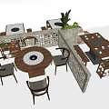 Stylish Dining Table Set With Round Table Chairs Stone Wall Potted Plants And Fruit Displays 3d model