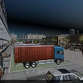 Urban Logistics Plaza With Red Container Truck Forklift White SUV Buildings And Blue Sky