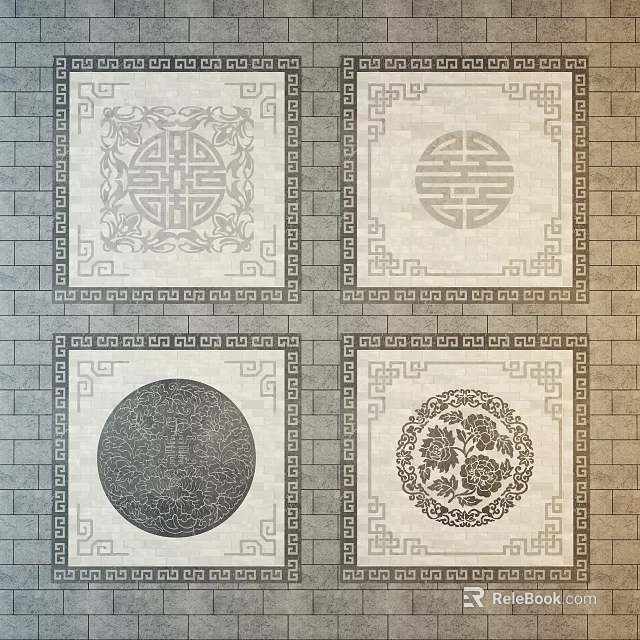 Traditional Chinese Floor Tile Design With Square Frames Floral Motifs And Xi Characters 3d model 