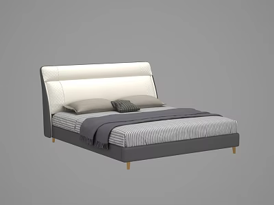 Modern Double Bed With White Upholstered Headboard Grey Mattress Striped Sheets And Gold Legs 3d model