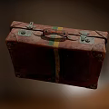 Vintage Brown Leather Suitcase With Metal Buckles Colorful Stripes And Worn Texture