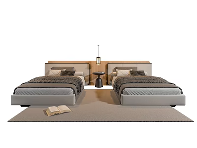 Two Single Beds In Bedroom With Nightstand Lamp Pillows Blanket On Rug And Open Book 3d model