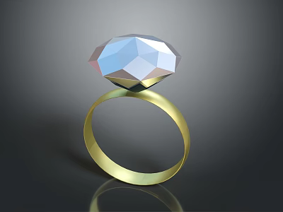 Detailed Carved Diamond Shaped Polyhedral Gemstone Sculpture On Gold Ring 3d model