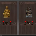 Traditional Wooden Buddhist Shrine Cabinet With Gold Buddha Deity Statues Red Candles And Incense Burners