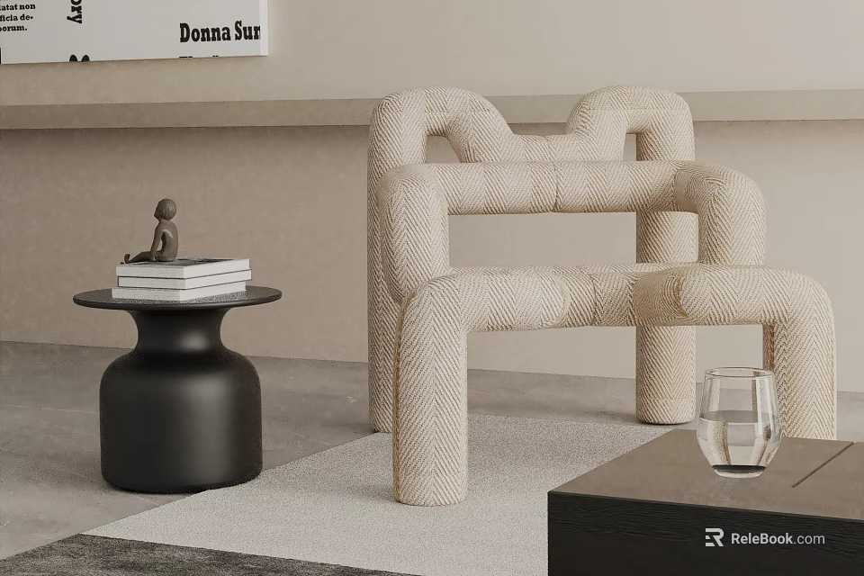 Modern Woven Leisure Chair With Black Side Table Books And Decorative Figurine 3d model 