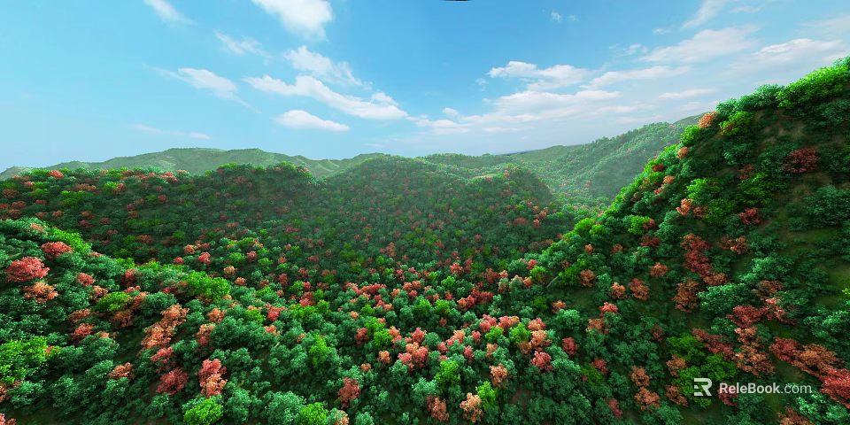 Scenic Mountain Landscape With Lush Green Forest Red Orange Trees Blue Sky And White Clouds 3d model 