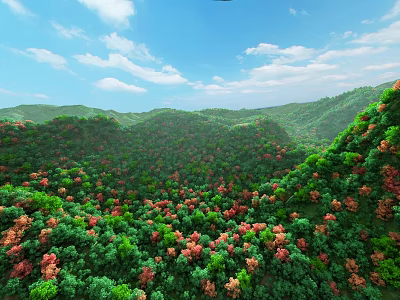 Scenic Mountain Landscape With Lush Green Forest Red Orange Trees Blue Sky And White Clouds 3d model