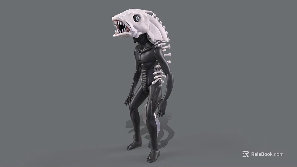 Aquatic Animal 3D Model Featuring White Head Sharp Teeth And Black Body 3d model 