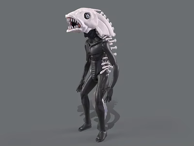 Aquatic Animal 3D Model Featuring White Head Sharp Teeth And Black Body 3d model