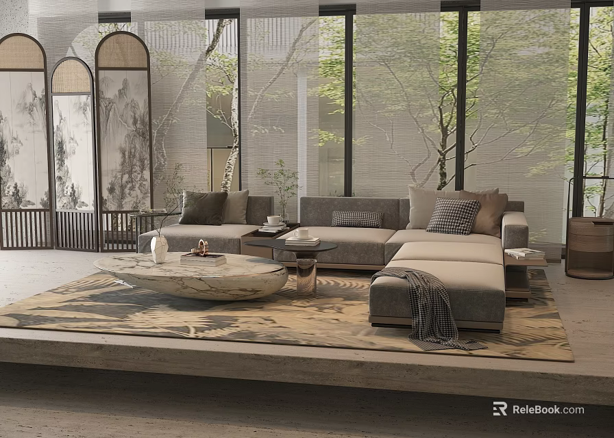 Modern Living Room Interior With L shaped Sofa Pillows Round Coffee Table And Large Windows 3d model 