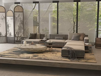 Modern Living Room Interior With L shaped Sofa Pillows Round Coffee Table And Large Windows 3d model
