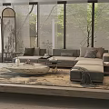 Modern Living Room Interior With L shaped Sofa Pillows Round Coffee Table And Large Windows