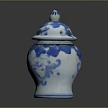 Blue and White Ceramic Jar With Intricate Floral Sculptures And Decorative Lid