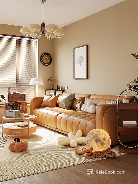 Cozy Living Room Interior With Beige Leather Sofa Green White Cushions Blinds And Leaf Artwork 3d model 