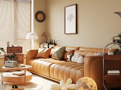 Cozy Living Room Interior With Beige Leather Sofa Green White Cushions Blinds And Leaf Artwork 3d model