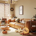 Cozy Living Room Interior With Beige Leather Sofa Green White Cushions Blinds And Leaf Artwork