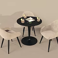 Stylish Round Black Table With Three Light Fabric Chairs And Decorative Items 3d model