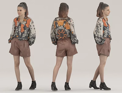 Woman in Floral Blouse Brown Shorts and Black Shoes Three Angles Showcase 3d model