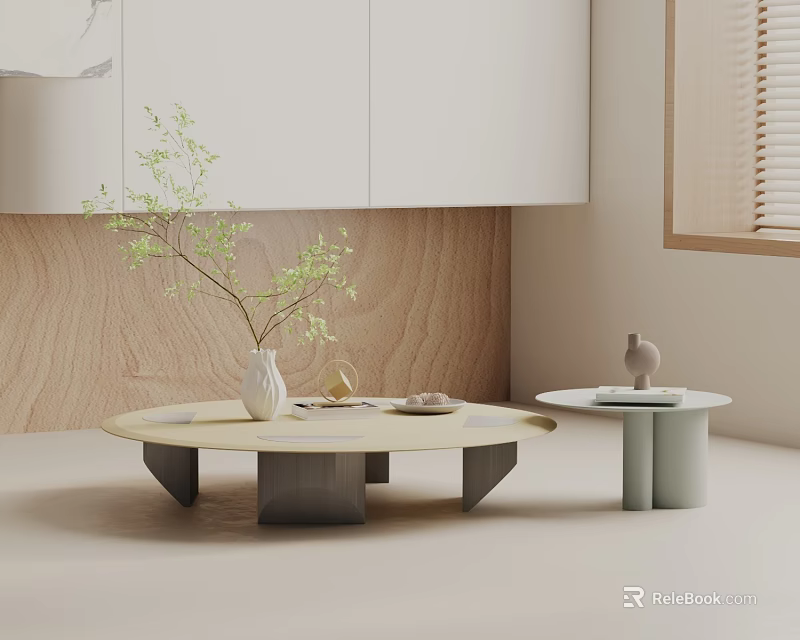 Modern Sofa and Coffee Table Set With Minimalist Design Green Plant Vase and Wooden Wall 3d model 