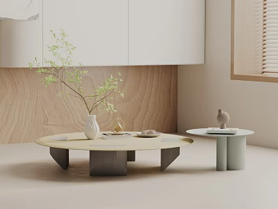 Modern Sofa and Coffee Table Set With Minimalist Design Green Plant Vase and Wooden Wall 3d model