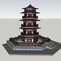 Traditional Chinese Pagoda With Red Black Architecture Surrounded By Green Trees And Blue Sky