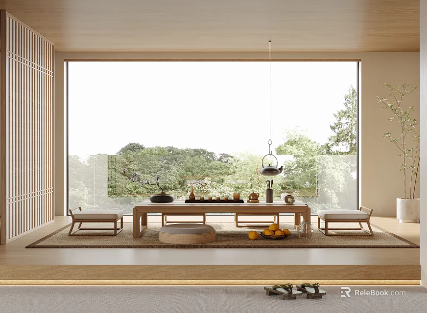 Wooden Tea Room With Large Windows Green Trees Outside Tea Table Cushions And Plant Decor 3d model 