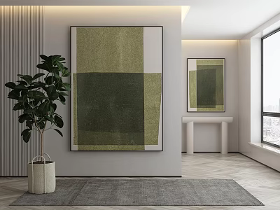 Abstract Painting Modern Interior Green White Squares Wall Decor With Green Plant And Gray Carpet 3d model