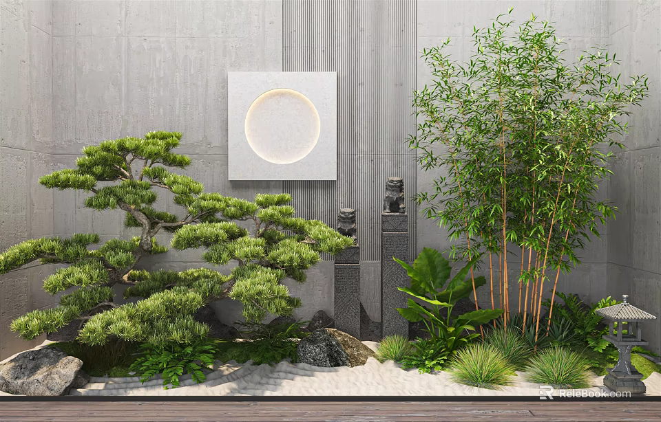 Modern Garden Courtyard with Gray Wall Circular Decorative Painting Pine Tree Bamboo and Green Plants 3d model 