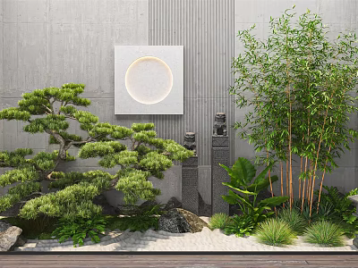 Modern Garden Courtyard with Gray Wall Circular Decorative Painting Pine Tree Bamboo and Green Plants 3d model
